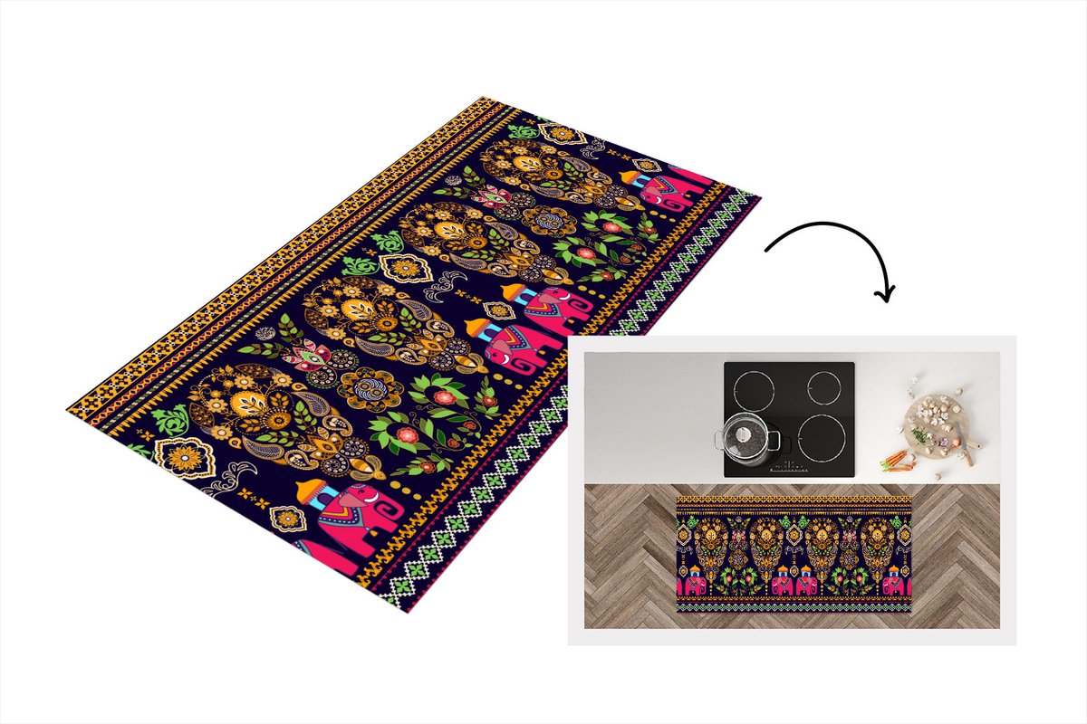 KitchenYeah Keukenloper - Loper keuken - Patronen - Olifant - Roze - 120x60 cm - Keukenloper vinyl Multicolor