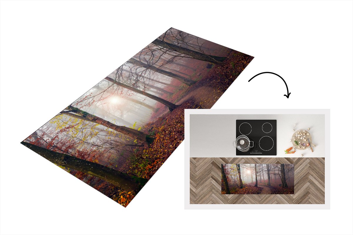 KitchenYeah Keukenloper - Loper keuken - Bos pad- Herfst - Mist - Bomen - Bladeren - 120x50 cm - Keukenloper vinyl Multicolor