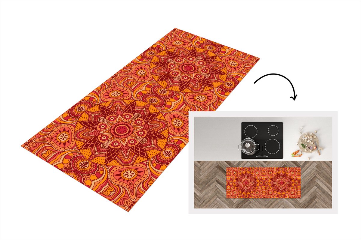 KitchenYeah Keukenloper - Loper keuken - Mandala - Patroon - Vintage - Oranje - Rood - 120x50 cm - Keukenloper vinyl Multicolor