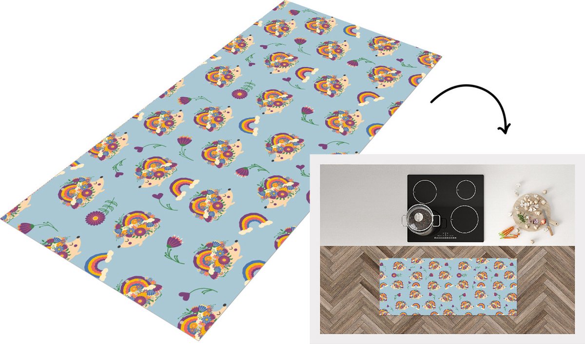 KitchenYeah Keukenloper - Loper keuken - Egel - Regenboog - Bloemen - Patroon - Kinderen - 120x50 cm - Keukenloper vinyl Multicolor