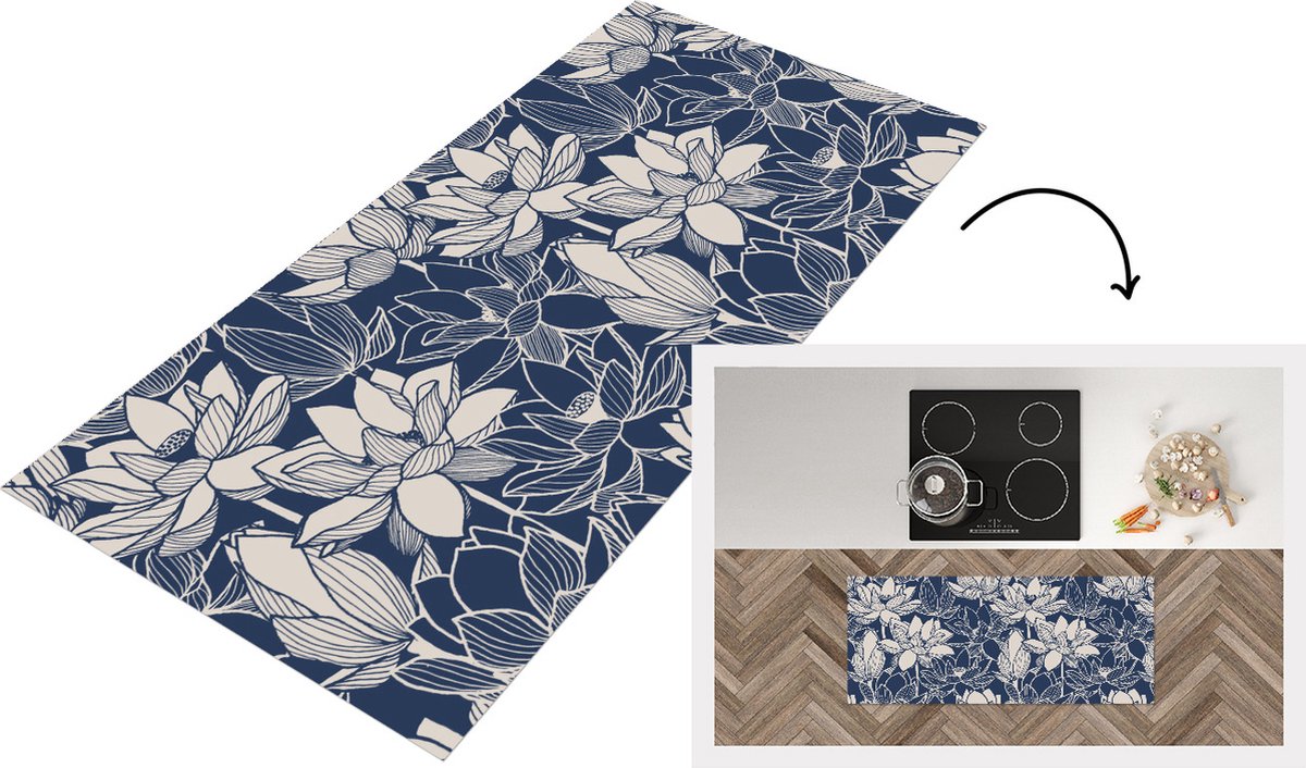KitchenYeah Keukenloper - Loper keuken - Lotus - Blauw - Patronen - Keukenloper vinyl Multicolor