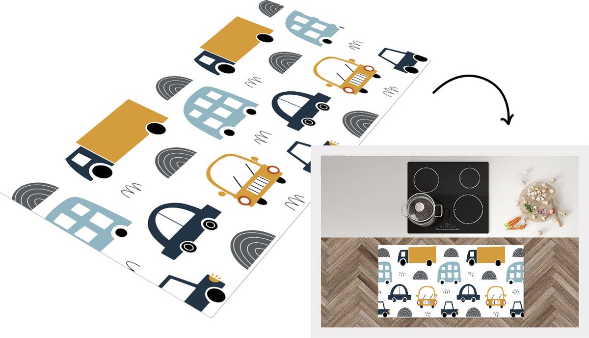 KitchenYeah Keukenloper - Loper keuken - Patroon - Jongens - Auto - Kind - 120x60 cm - Keukenloper vinyl Multicolor