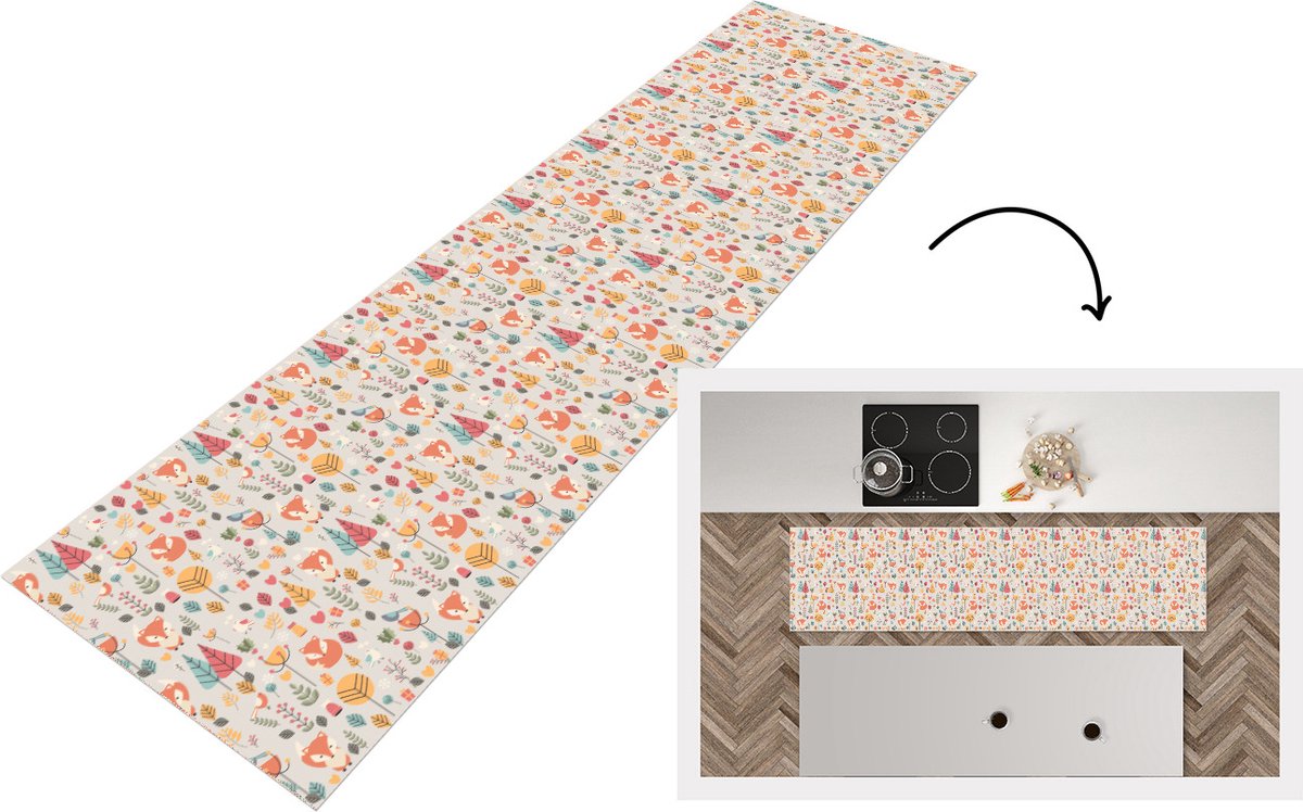 KitchenYeah Keukenloper - Loper keuken - Vos - Bloemen - Regenboog - Kinderen - Design - 200x50 cm - Keukenloper vinyl Multicolor