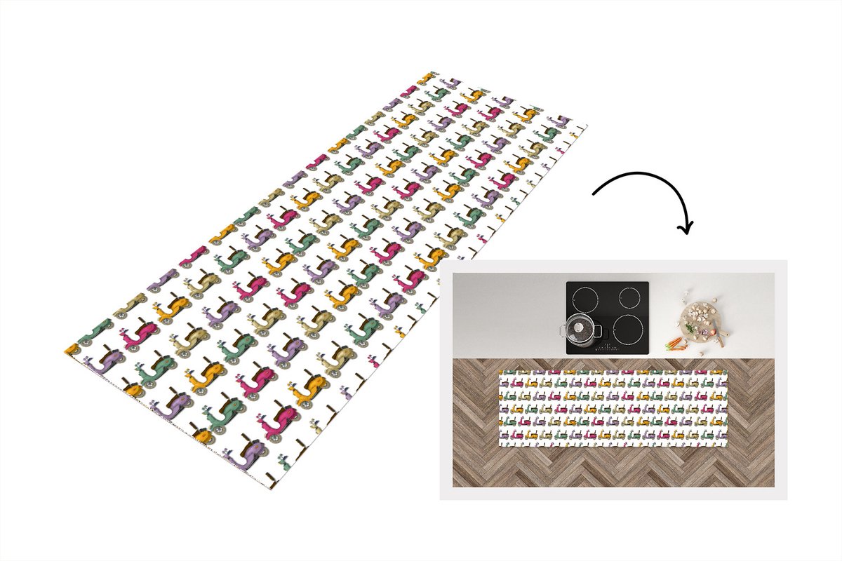 KitchenYeah Keukenloper - Loper keuken - Patroon - Tiener - Scooter - Reizen - 180x60 cm - Keukenloper vinyl Multicolor