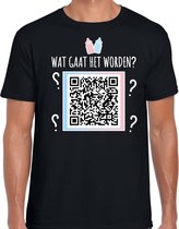 Gender reveal QR code shirt wat gaat het worden heren zwart - jongen - Gender reveal kleding / outfit M