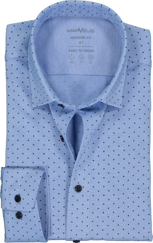 MARVELIS jersey modern fit overhemd - lichtblauw met donkerblauw gestipt tricot - Strijkvriendelijk - Boordmaat: 39