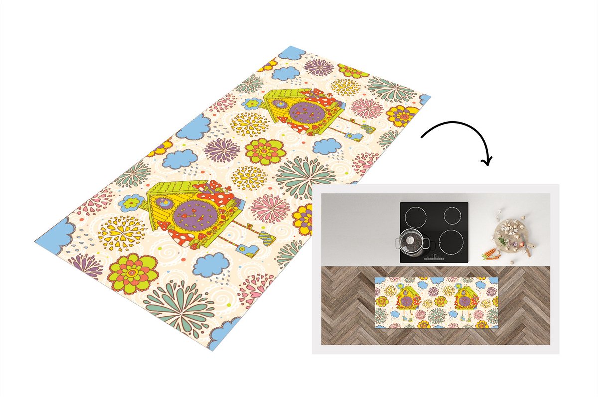 KitchenYeah Keukenloper - Loper keuken - Koekoeksklok - Patronen - Paddenstoel - Bloemen - 120x50 cm - Keukenloper vinyl Multicolor