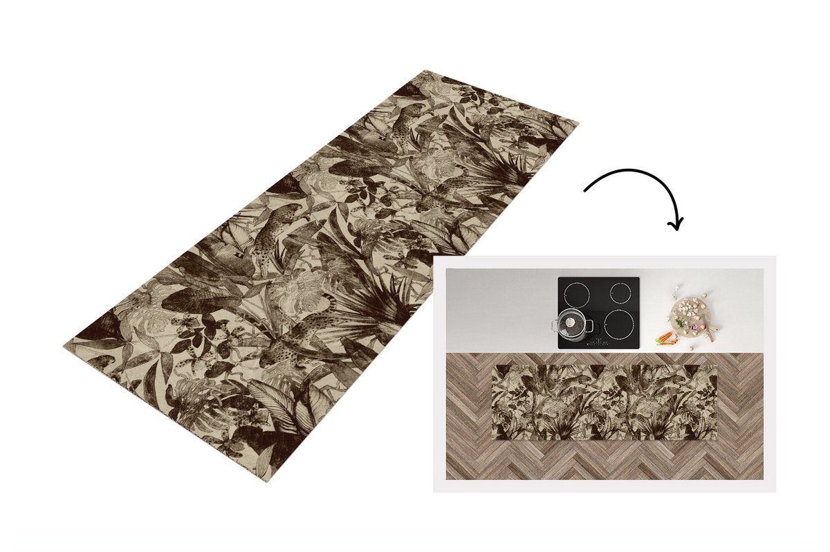 KitchenYeah Keukenloper - Loper keuken - Jungle - Panter - Vintage - Patroon - 180x60 cm - Keukenloper vinyl Multicolor