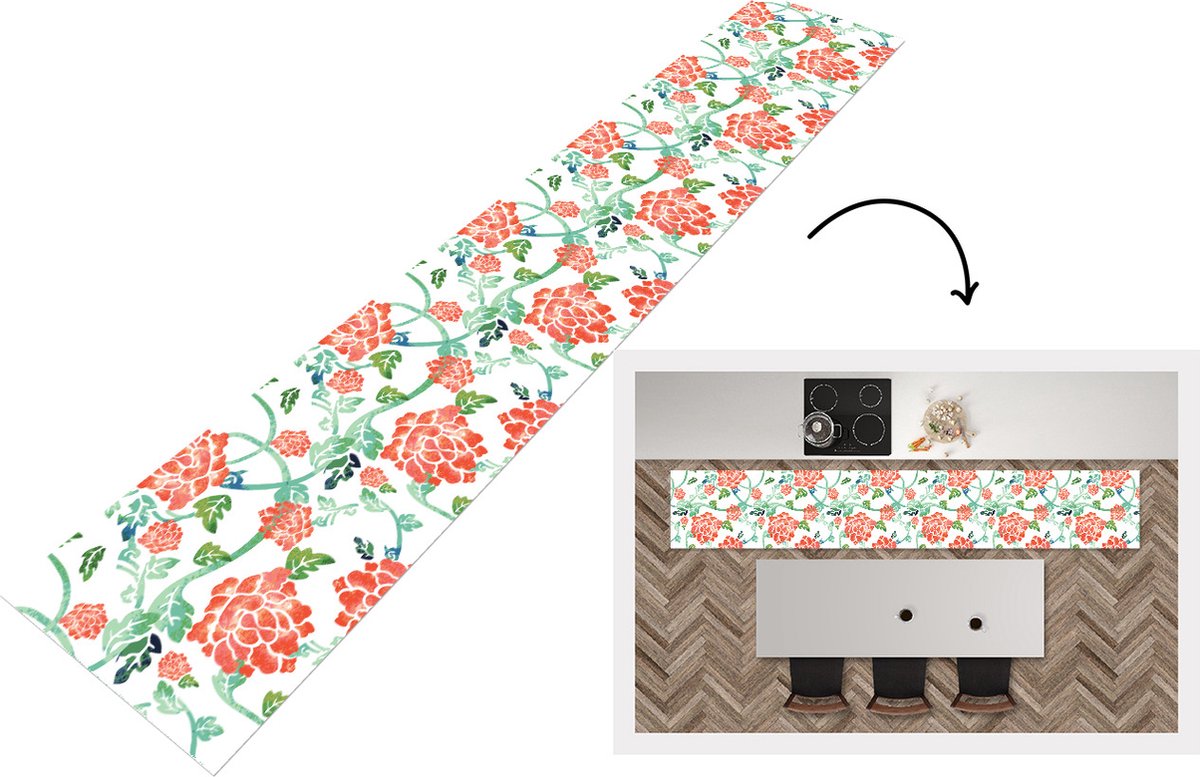 Keukenloper - Loper keuken - Bloemen - Bladeren - Patronen - Waterverf - 300x50 cm - Keuke