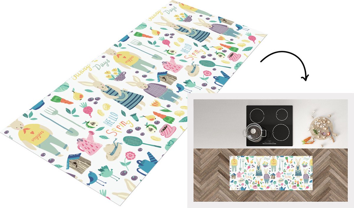 KitchenYeah Keukenloper - Loper keuken - Patronen - Konijn - Lente - Tuin - 120x50 cm - Keukenloper vinyl Multicolor
