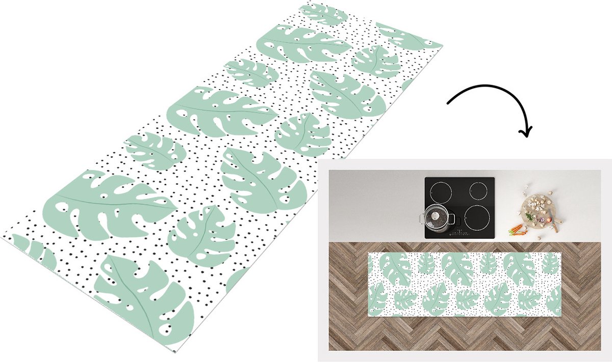 KitchenYeah Keukenloper - Loper keuken - Stippen - Monstera - Patronen - 150x50 cm - Keukenloper vinyl Multicolor