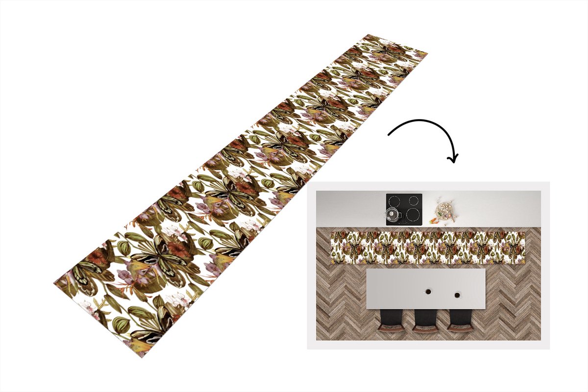 KitchenYeah Keukenloper - Loper keuken - Vlinder - Bloemen - Vintage - Patronen - 300x50 cm - Keukenloper vinyl Multicolor