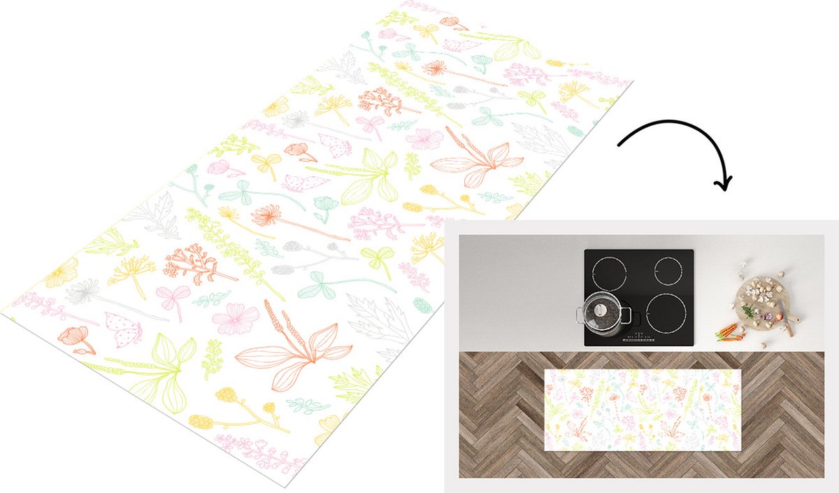 KitchenYeah Keukenloper - Loper keuken - Planten - Patronen - Tuin - Contour - Pastel - 120x50 cm - Keukenloper vinyl Multicolor
