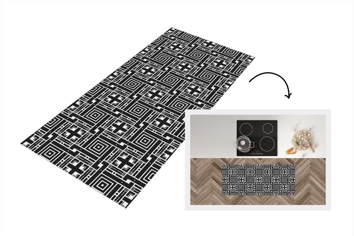 KitchenYeah Keukenloper - Loper keuken - Geometrie - Patroon - Zwart - 120x50 cm - Keukenloper vinyl Multicolor