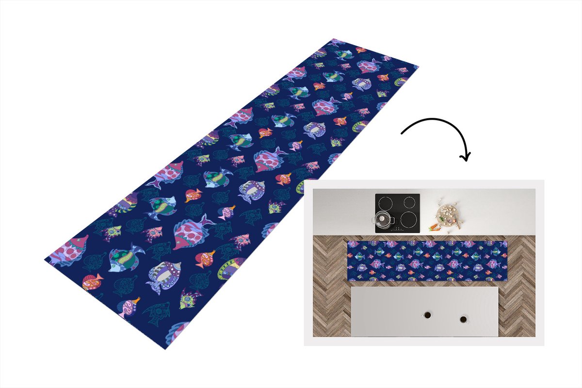KitchenYeah Keukenloper - Loper keuken - Vissen - Patronen - Aquarium - Regenboog - Kind - 240x60 cm - Keukenloper vinyl Multicolor