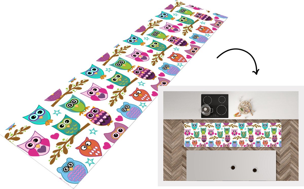 KitchenYeah Keukenloper - Loper keuken - Design - Uilen - Dieren - 200x50 cm - Keukenloper vinyl Multicolor