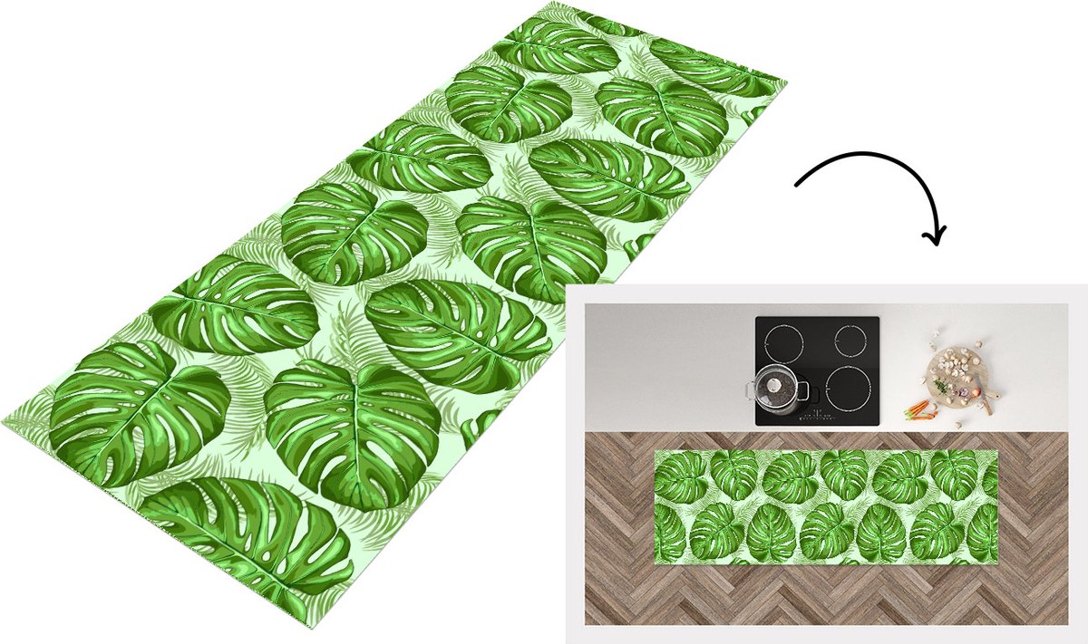 KitchenYeah Keukenloper - Loper keuken - Monstera - Palmblad - Patronen - 180x60 cm - Keukenloper vinyl Multicolor