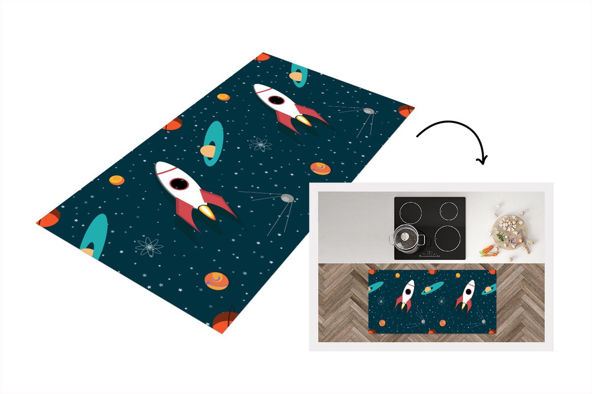 KitchenYeah Keukenloper - Loper keuken - Raket - Ruimte - Kinderen - Design - 120x60 cm - Keukenloper vinyl Multicolor