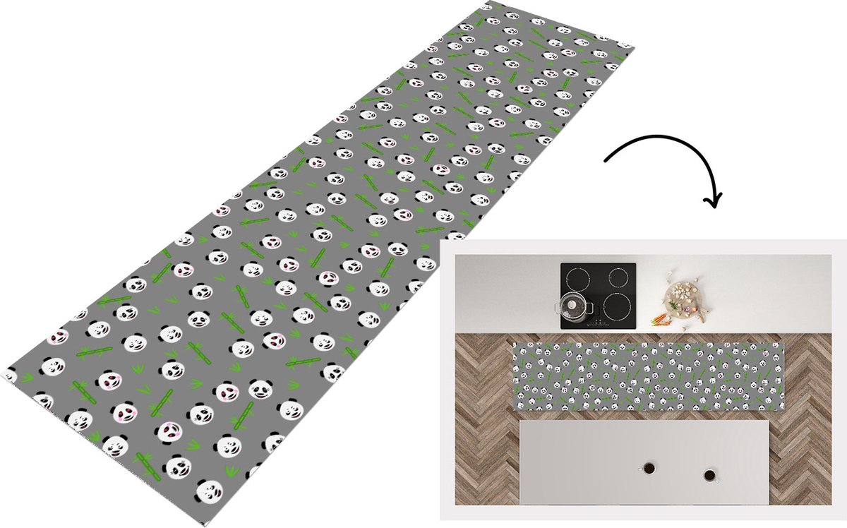 KitchenYeah Keukenloper - Loper keuken - Panda - Bamboe - Design - 240x60 cm - Keukenloper vinyl Multicolor