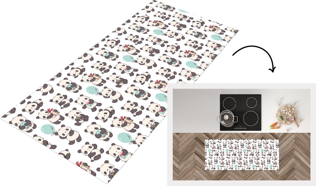 KitchenYeah Keukenloper - Loper keuken - Cadeau - Panda - Patroon - 120x50 cm - Keukenloper vinyl Multicolor