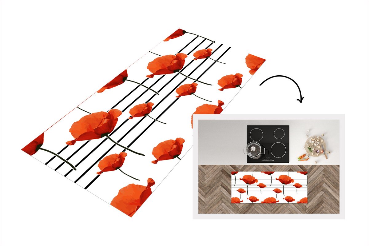KitchenYeah Keukenloper - Loper keuken - Muziek - Notenbalk - Klaproos - 120x50 cm - Keukenloper vinyl Multicolor
