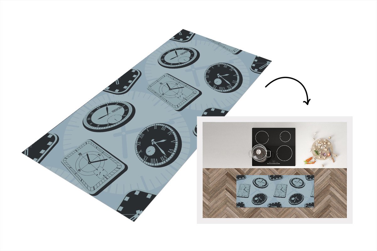 KitchenYeah Keukenloper - Loper keuken - Klok - Patronen - Vintage - 120x50 cm - Keukenloper vinyl Multicolor