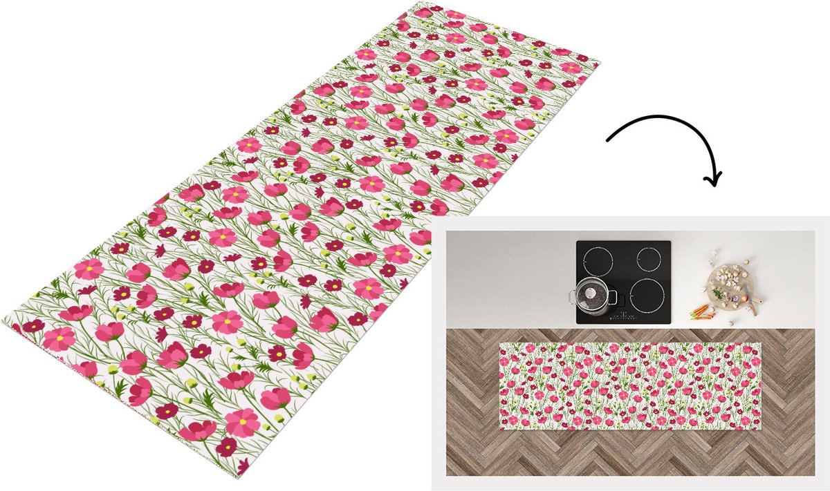KitchenYeah Keukenloper - Loper keuken - Bloemen - Patronen - Gras - Klaproos - 150x50 cm - Keukenloper vinyl Multicolor