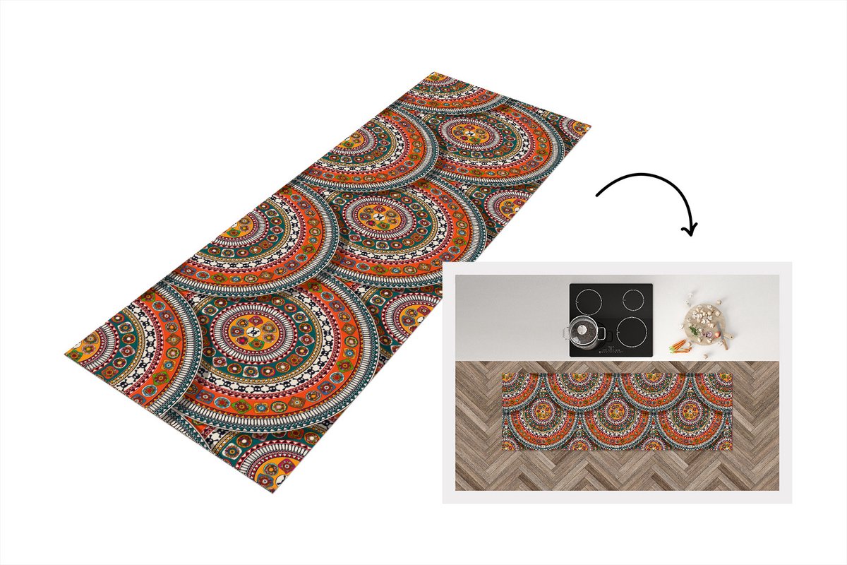 KitchenYeah Keukenloper - Loper keuken - Cirkels - Azteken - Patronen - Zuid-Amerika - 180x60 cm - Keukenloper vinyl Multicolor