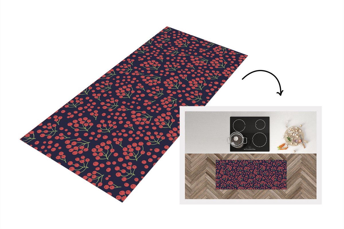 KitchenYeah Keukenloper - Loper keuken - Patronen - Bessen - Rood - 120x50 cm - Keukenloper vinyl Multicolor