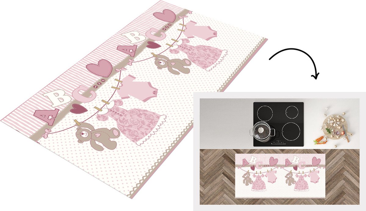 KitchenYeah Keukenloper - Loper keuken - Baby kleren - Meisje - Knuffelbeer - Waslijn - Design - 120x60 cm - Keukenloper vinyl Multicolor