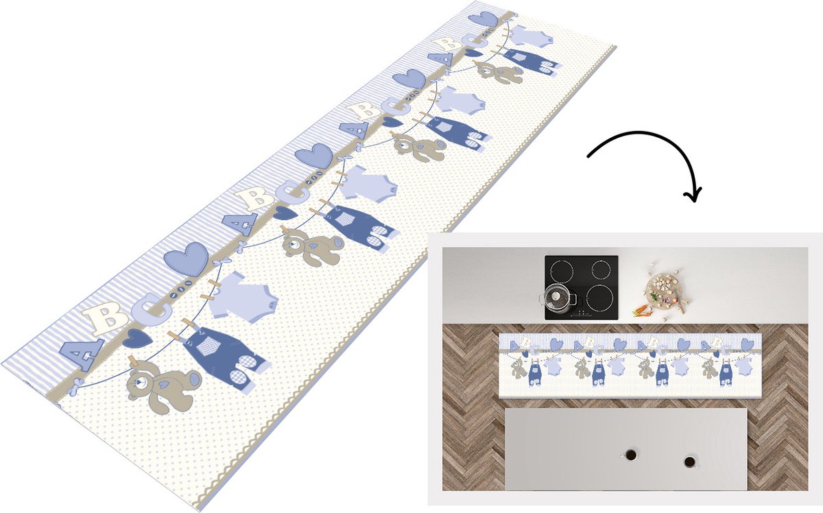 KitchenYeah Keukenloper - Loper keuken - Baby kleren - Waslijn - Teddybeer - Patroon - 200x50 cm - Keukenloper vinyl Multicolor
