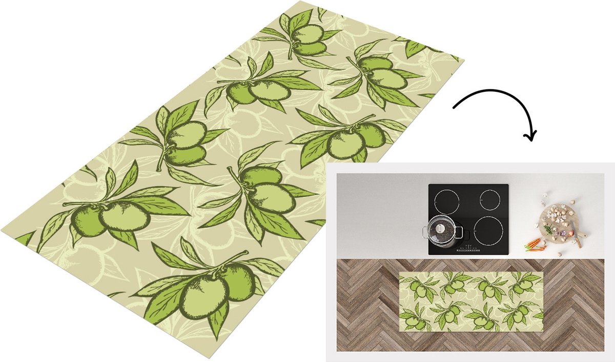 KitchenYeah Keukenloper - Loper keuken - Olijf - Bladeren - Vegan - Design - Vintage - Keukenloper vinyl Multicolor