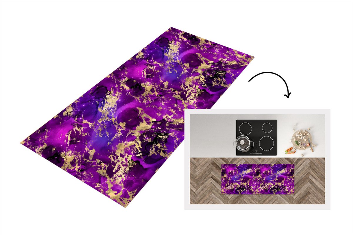 KitchenYeah Keukenloper - Loper keuken - Marmer - Goud - Paars - Patroon - 120x50 cm - Keukenloper vinyl Multicolor