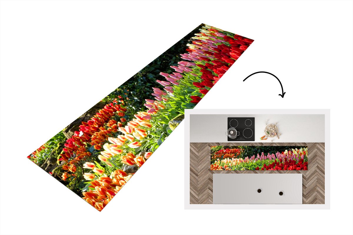 KitchenYeah Keukenloper - Loper keuken - Gekleurde tulpen in de Keukenhof in Nederland - 200x50 cm - Keukenloper vinyl Multicolor