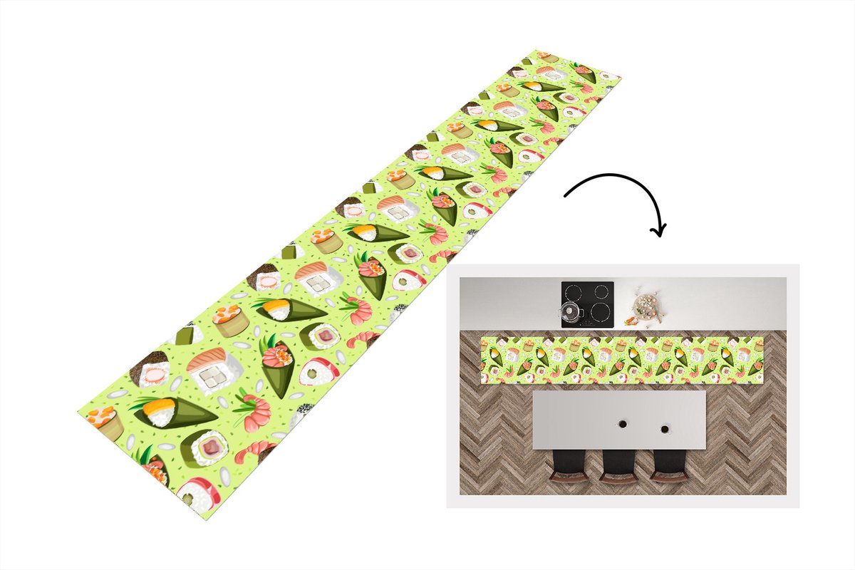 KitchenYeah Keukenloper - Loper keuken - Patronen - Sushi - Japan - Groen - 300x50 cm - Keukenloper vinyl Multicolor
