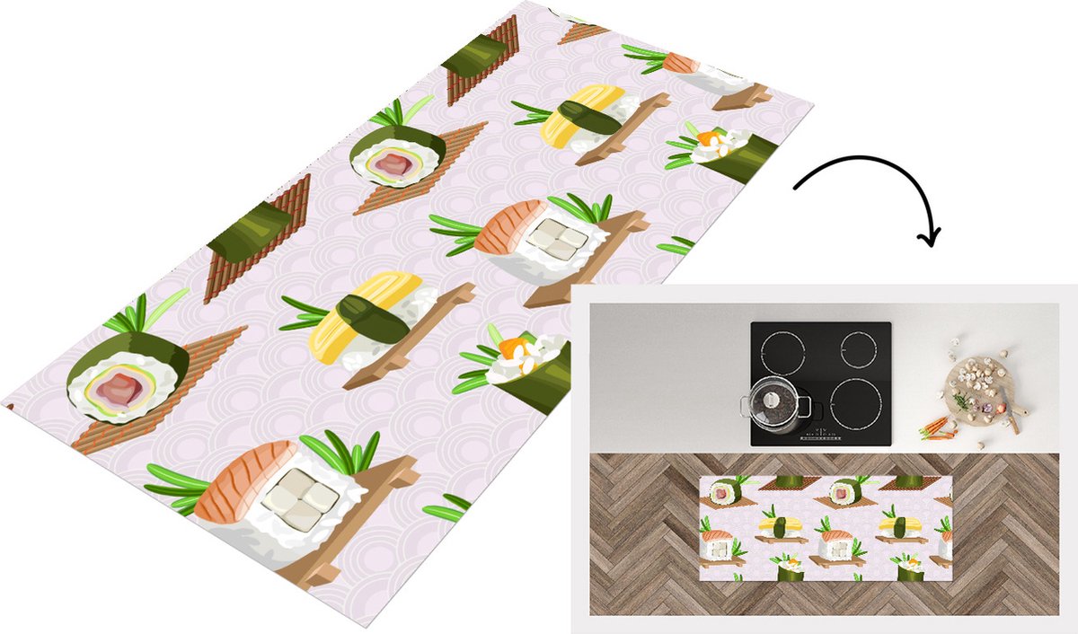 KitchenYeah Keukenloper - Loper keuken - Patronen - Eten - Sushi - Japan - 120x50 cm - Keukenloper vinyl Multicolor