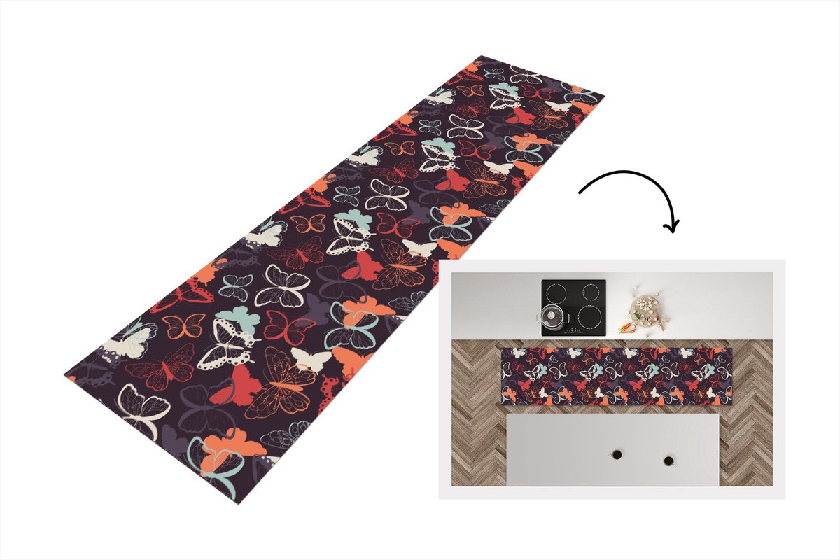 KitchenYeah Keukenloper - Loper keuken - Vlinders - Patronen - Abstract - 200x50 cm - Keukenloper vinyl Multicolor