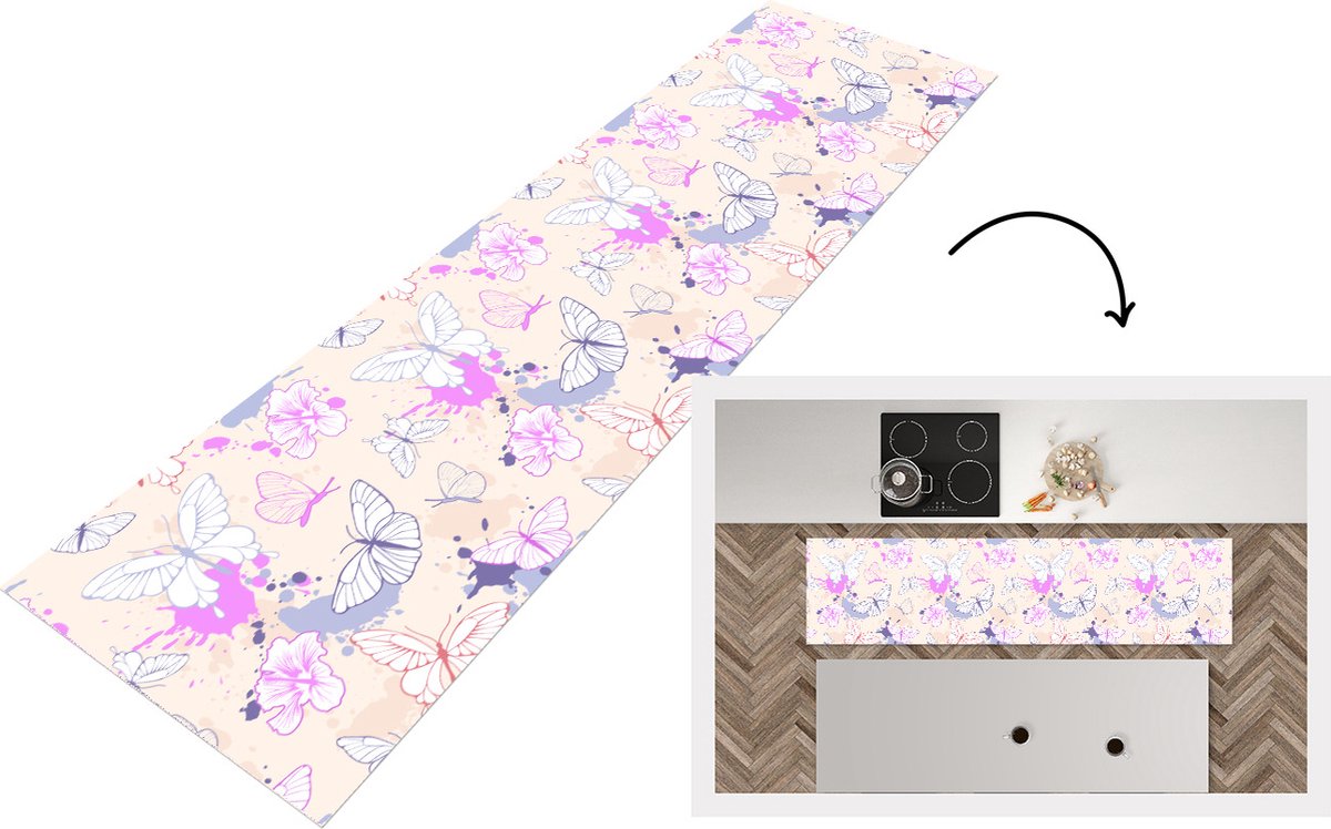 KitchenYeah Keukenloper - Loper keuken - Vlinder - Patronen - Bloemen - 240x60 cm - Keukenloper vinyl Multicolor