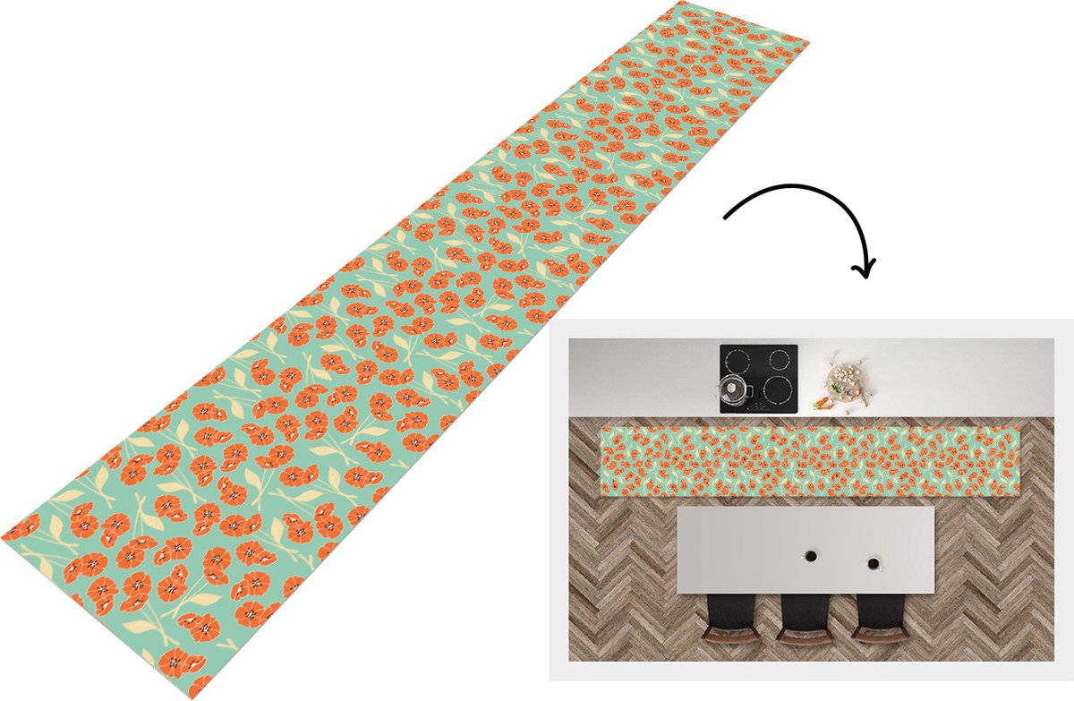 KitchenYeah Keukenloper - Loper keuken - Retro - Bloemen - Design - Oranje - 300x50 cm - Keukenloper vinyl Multicolor