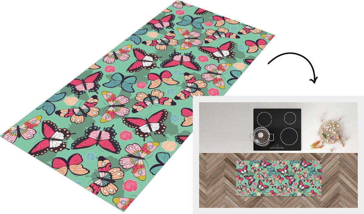 KitchenYeah Keukenloper - Loper keuken - Vlinders - Patronen - Lente - 120x50 cm - Keukenloper vinyl Multicolor