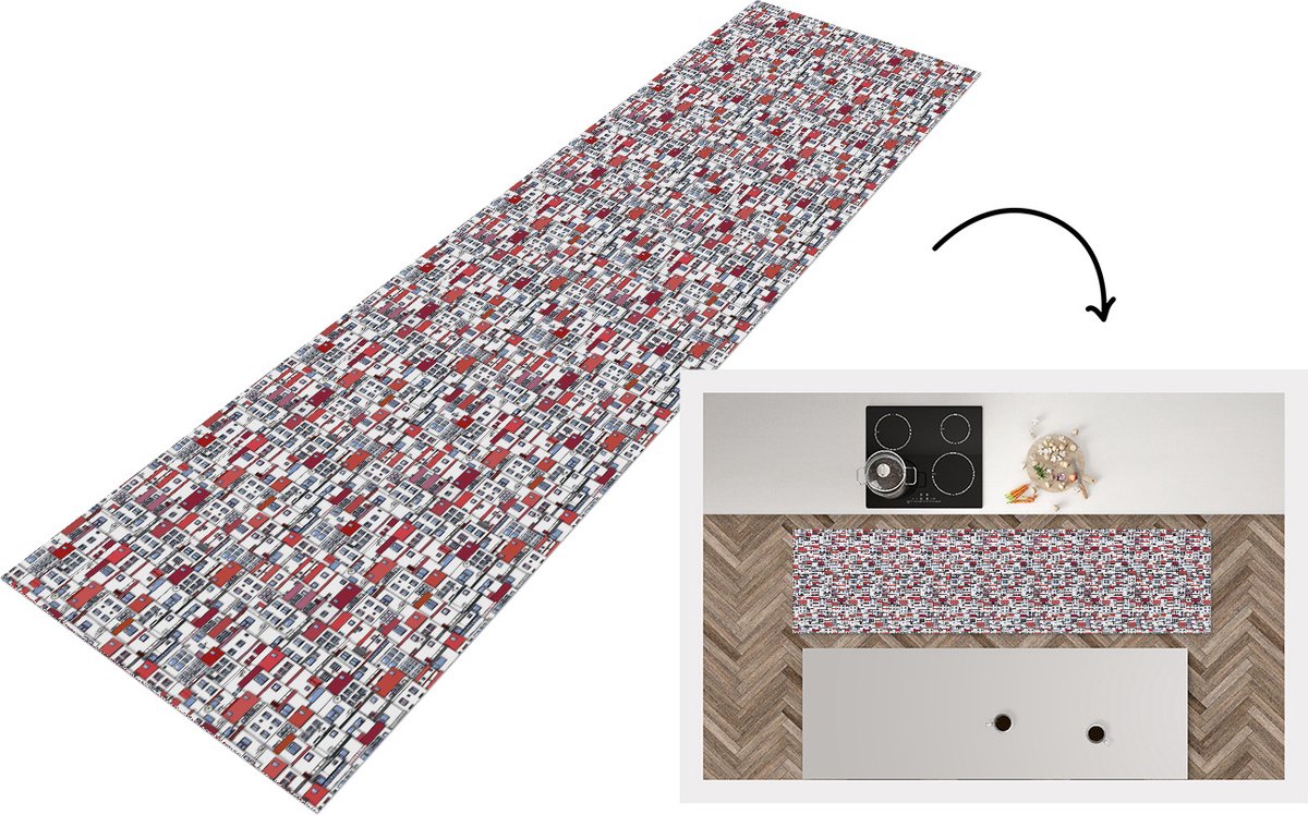 KitchenYeah Keukenloper - Loper keuken - Stad - Patroon - Huizen - 200x50 cm - Keukenloper vinyl Multicolor
