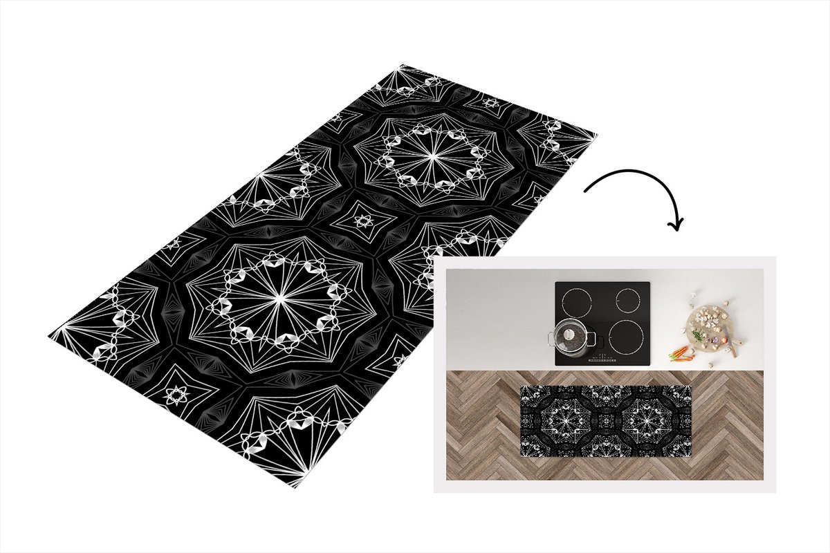 KitchenYeah Keukenloper - Loper keuken - Bloemen - Design - Zwart - Wit - Geometrie - 120x50 cm - Keukenloper vinyl Multicolor