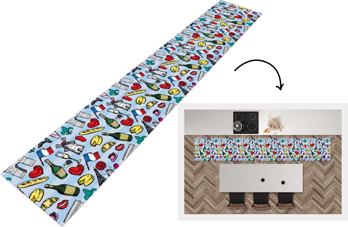 KitchenYeah Keukenloper - Loper keuken - Parijs - Patronen - Frankrijk - 300x50 cm - Keukenloper vinyl Multicolor