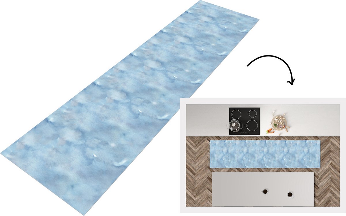 KitchenYeah Keukenloper - Loper keuken - Patroon - Waterverf - Blauw - Keukenloper vinyl, foto 3