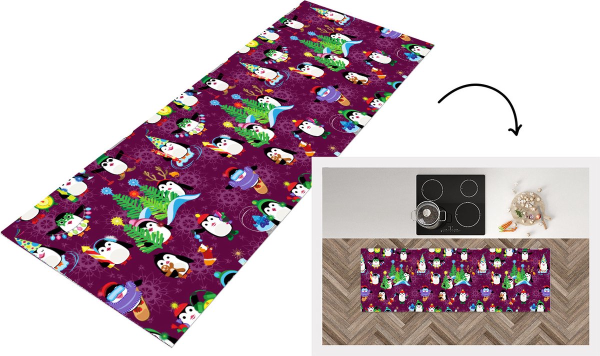 KitchenYeah Keukenloper - Loper keuken - Pinguïn - Kerstmis - Vuurwerk - Winter - Design - 150x50 cm - Keukenloper vinyl Multicolor