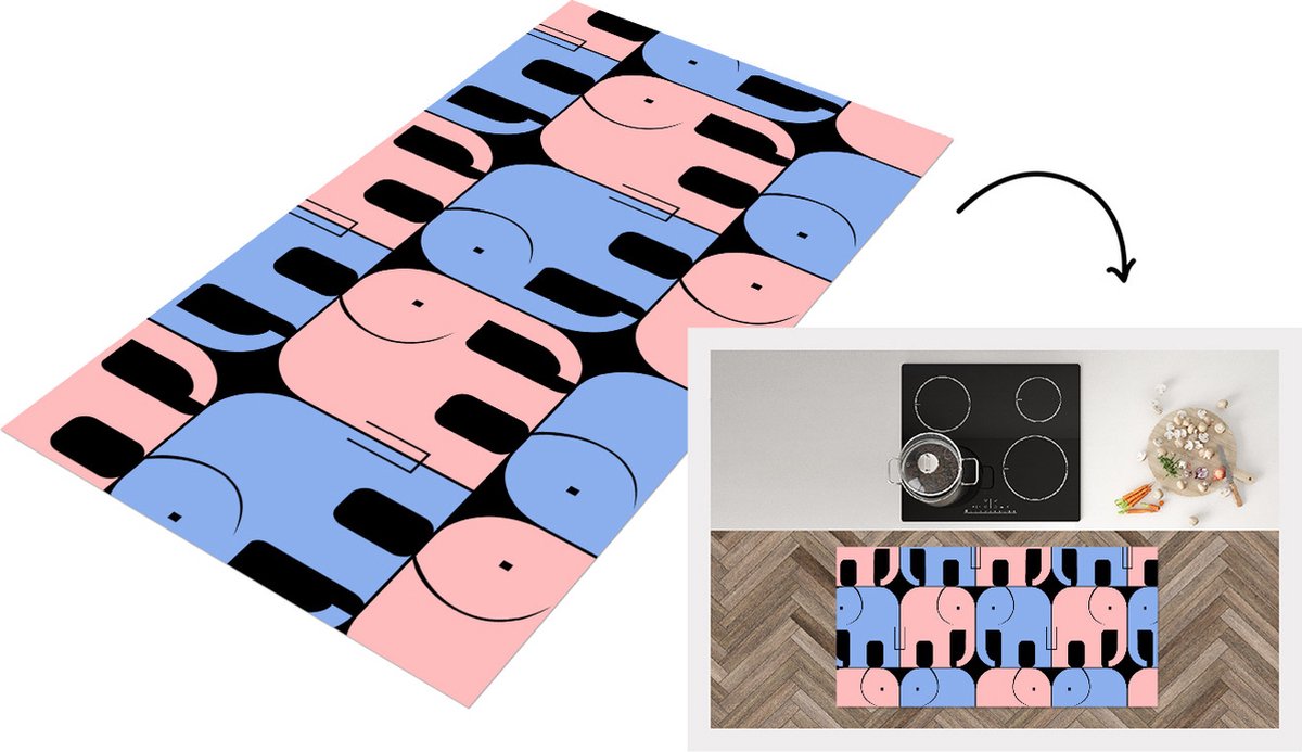 KitchenYeah Keukenloper - Loper keuken - Olifant - Lijn - Zwart - Patronen - 120x60 cm - Keukenloper vinyl Multicolor