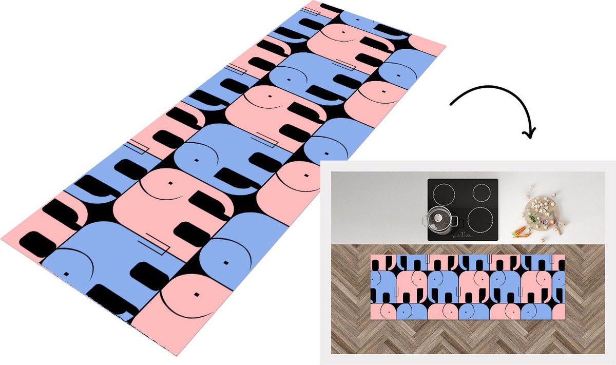 KitchenYeah Keukenloper - Loper keuken - Olifant - Lijn - Zwart - Patronen - 180x60 cm - Keukenloper vinyl Multicolor