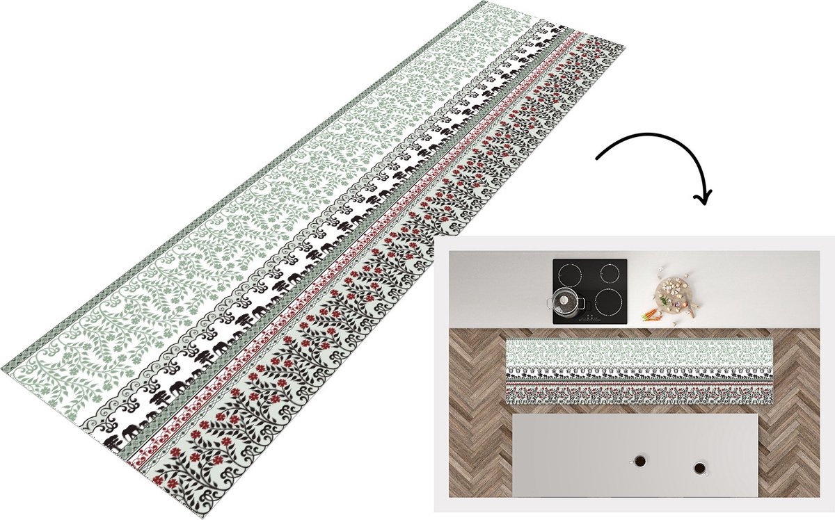 KitchenYeah Keukenloper - Loper keuken - Planten - Olifant - Patroon - 200x50 cm - Keukenloper vinyl Multicolor