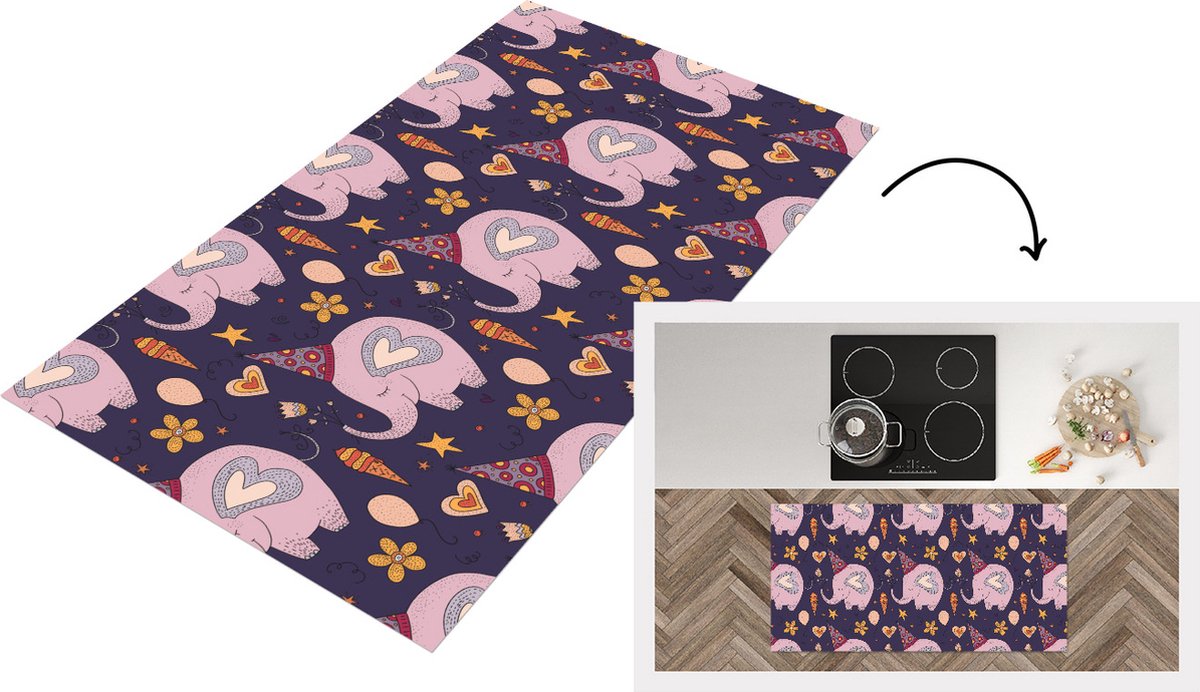 KitchenYeah Keukenloper - Loper keuken - Verjaardag - Olifant - Bloemen - Patronen - 120x60 cm - Keukenloper vinyl Multicolor