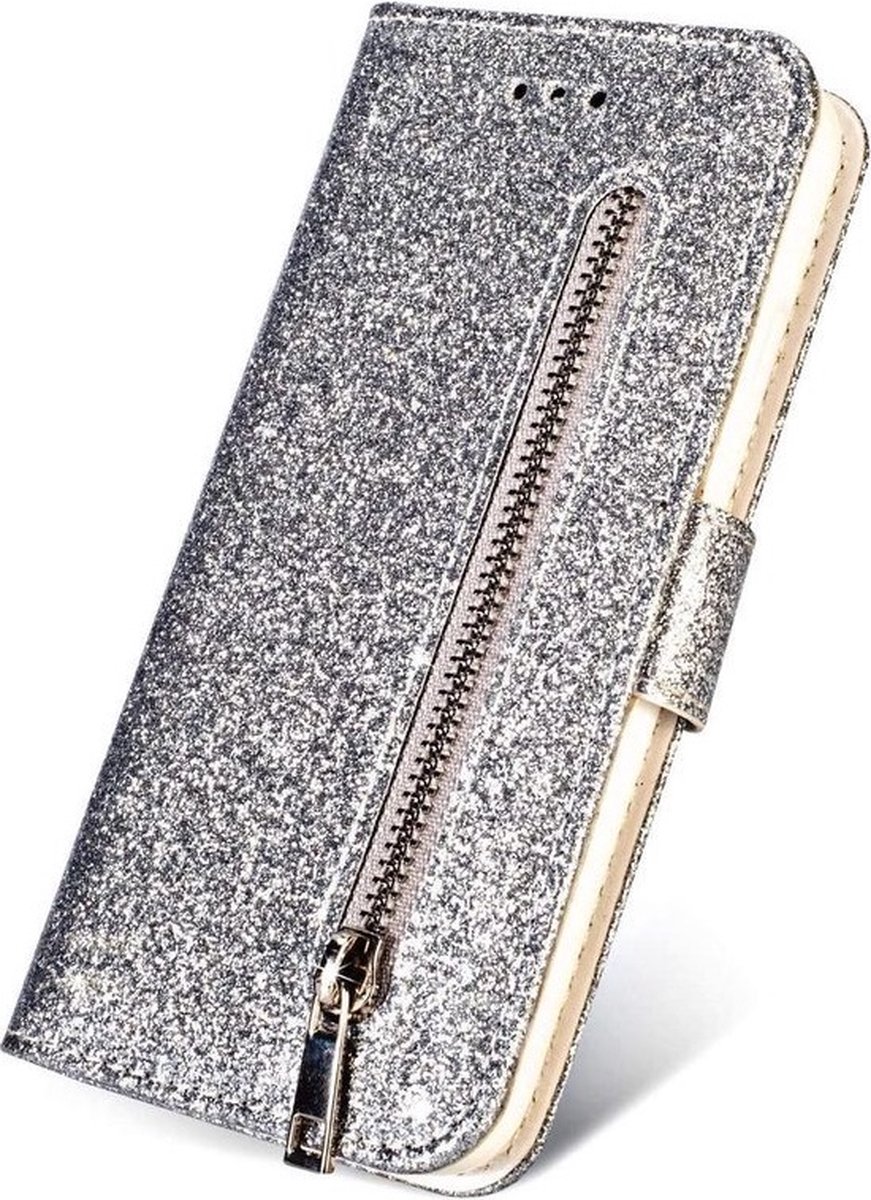 LuxeBass Boekhoesje met glitters geschikt voor Samsung Galaxy A41 - Zilver - telefoonhoes - gsm hoes - telefoonhoesjes